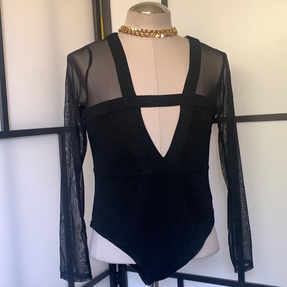 Red Tops - Red | Women's Black Bodysuit Sheer Size Large H342